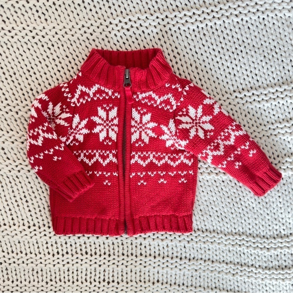 Carter's Holiday Christmas Red Snowflake Classic Zip Up Cotton Sweater 3 Months